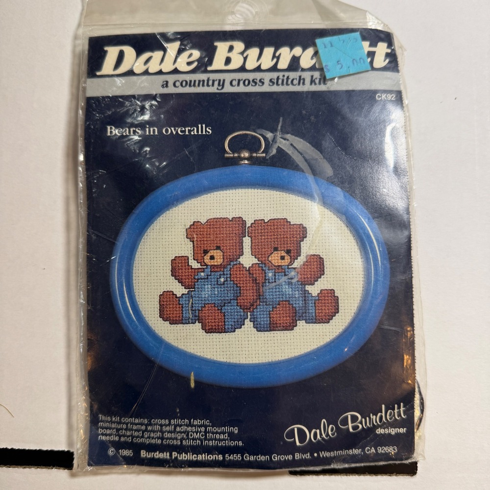 Dale Burdett Cross Stitch Kit Bears in Overalls CK92 Vintage 1985 Miniature Blue